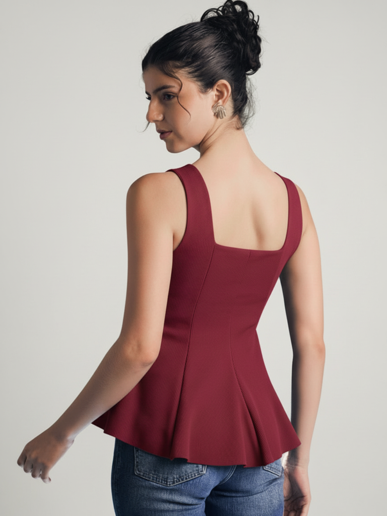 maroon-stretchable-ribbed-peplum-top-back-angle-uptownie.png